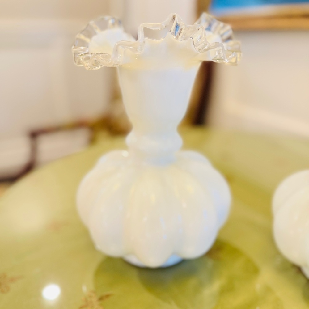 Vintage Fenton Silver Crest Melon Ball Vase White Floral Vase Clear Ruffle Edge